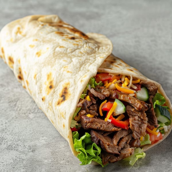 A beef burrito with lettuce, peppers, cheese, and cucumbers, wrapped in a tortilla.