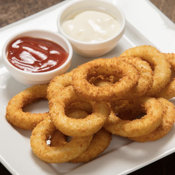 Golden-brown onion rings piled on a white plate with small bowls of ketchup and mayonnaise.