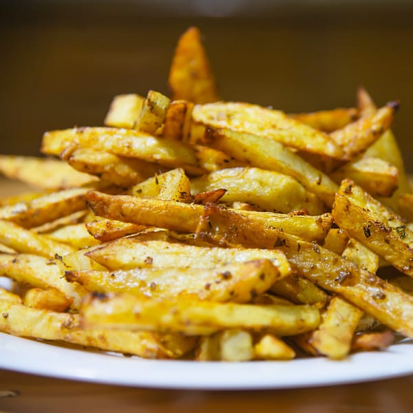 Close-up of a large pile of golden-brown, seasoned french fries on a white plate.